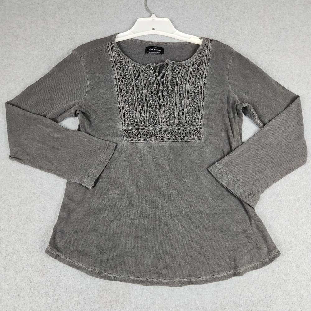 Lucky Brand Knit Top Womens Small Gray Embroidered Casual Long Sleeve Round Neck